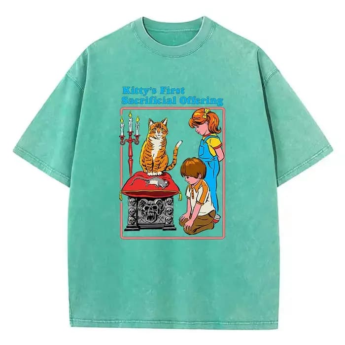 T-shirt Gothique Vintage Délavé 100% Coton avec Motif Chat de Bande Dessinée – Décontracté Streetwear Printemps-Été