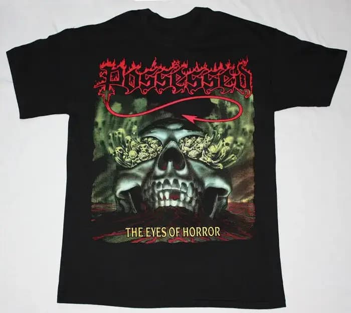 Vtg POSSESSED THE EYES OF HORROR Chemise unisexe en coton noir toutes tailles