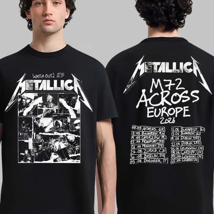 T-shirt Metallica M72 Across Europe 2026 pour Hommes et Femmes, Vêtement d'été 100% Coton, Haut Goth