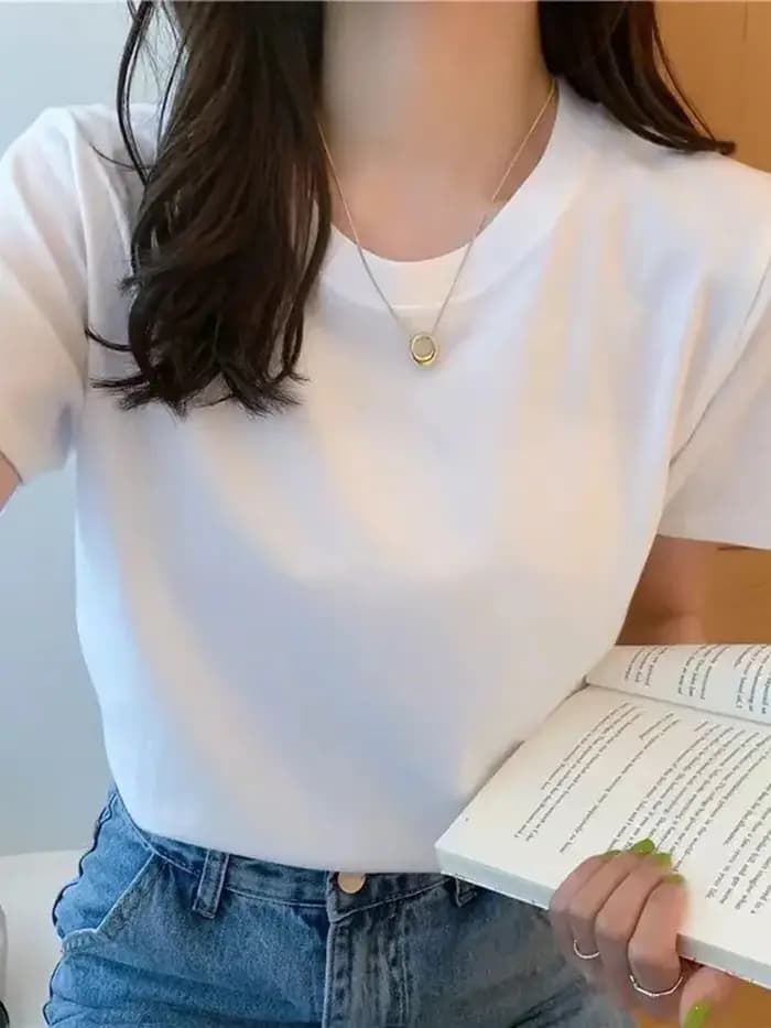 Solide femmes à manches courtes t-shirt coton col rond ample noir blanc basique mince hauts mode Harajuku décontracté vêtements chauds T-Shirts