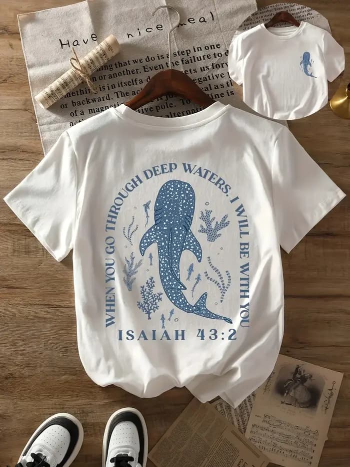 T-shirt imprimé requin baleine, col rond, manches courtes, hauts décontractés pour femmes, t-shirt m