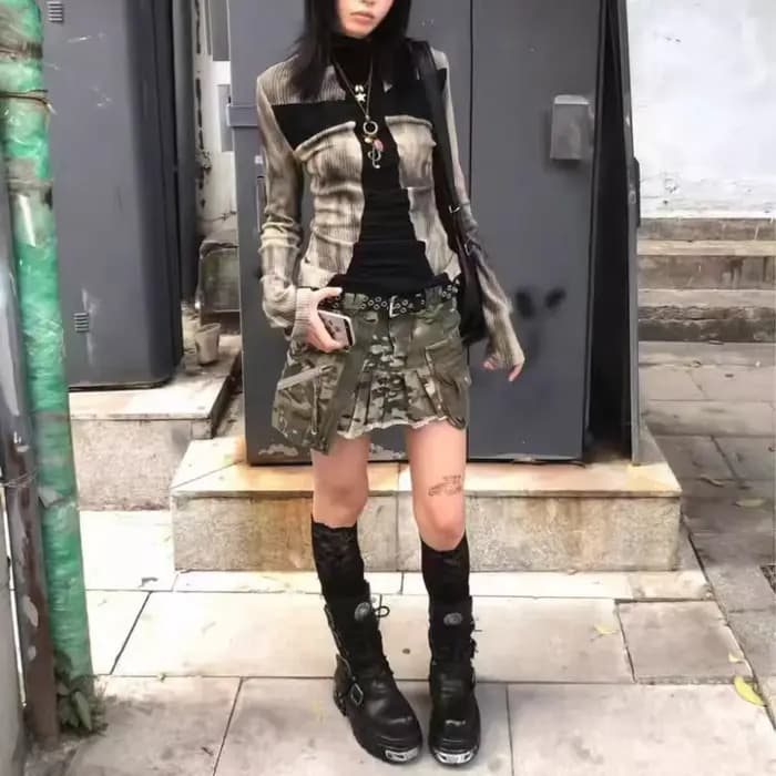 Mode Vintage t-shirts femmes Patchwork à manches longues maigre Streetwear Y2k Chic esthétique Grunge hauts cravate