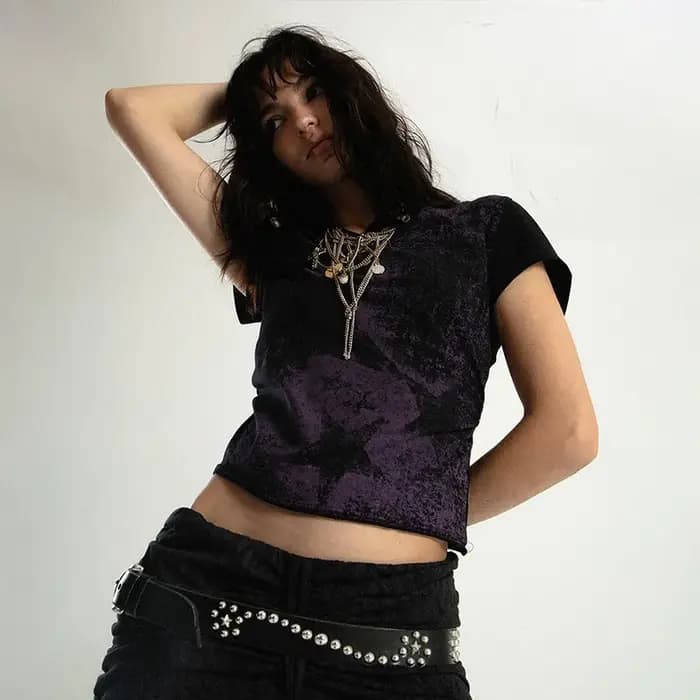 Karrcat Trashy Y2k haut court Grunge esthétique étoile imprimé T-shirt Vintage en détresse à manches courtes t-shirts Punk gothique Streetwear
