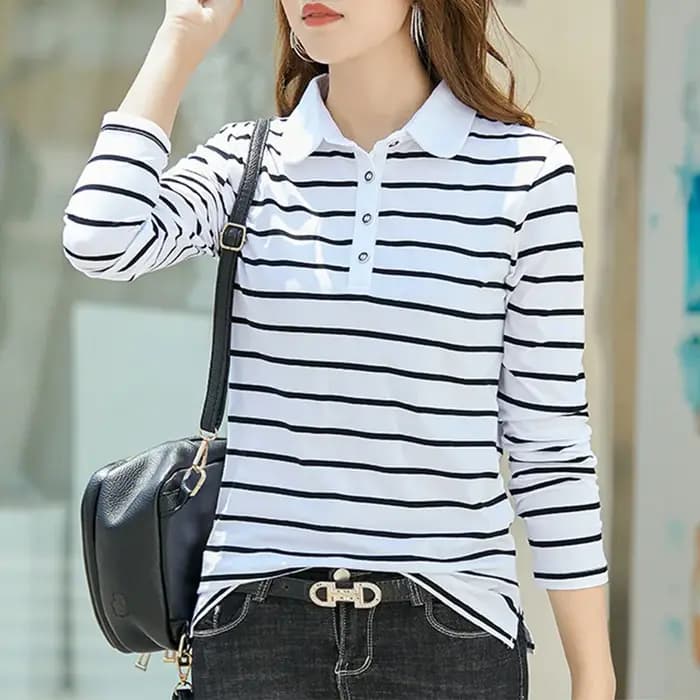 T-shirt rayé Flip UR pour femme, polo à manches longues, pur coton, chemise à la mode, printemps et