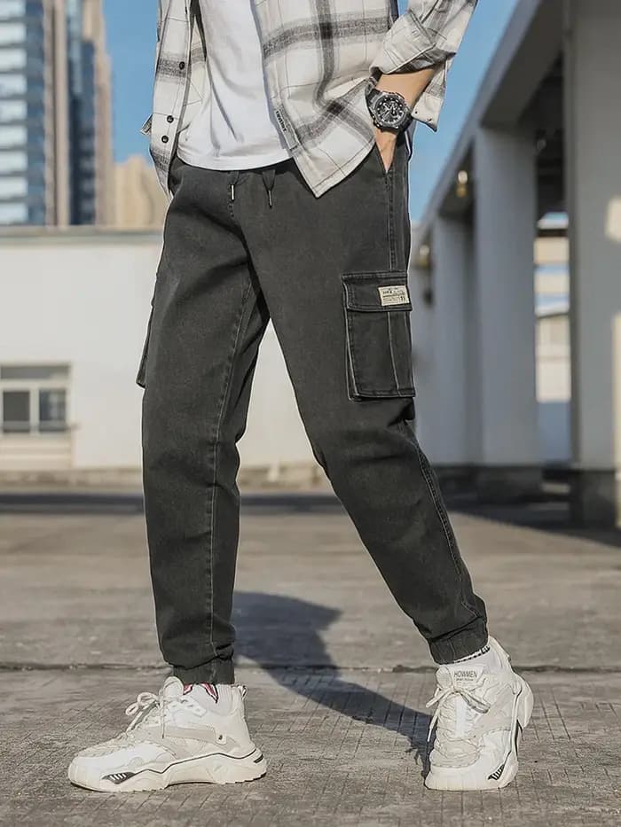 Jeans Jogger pour Hommes en Coton Lavé Légèrement Extensible Multi-Poches Denim Cargo Taille Asiatique L-6XL