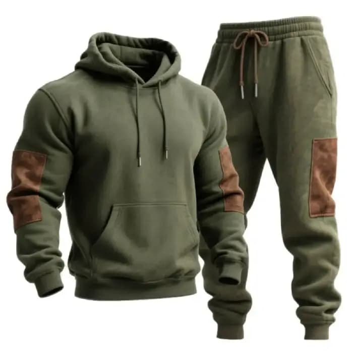 Ensemble de jogging à capuche et pantalon de survêtement en daim marron avec coutures vertes de l'armée vintage pour hommes