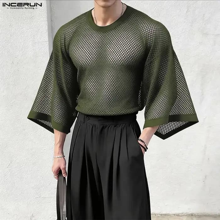 INCERUN T-shirt Homme Uni en Maille Transparente Sexy Oversize Vêtements Streetwear 2026 Manches 3/4