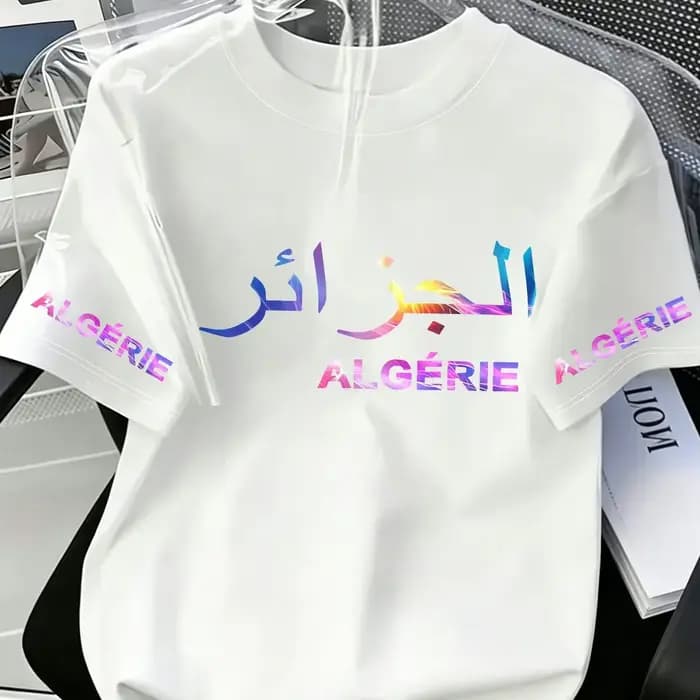 T-shirt décontracté d'été pour homme 100 % coton avec script arabe algérien