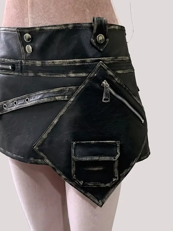 Mauroicardi été Cool en détresse noir Faux cuir Mini jupe asymétrique femme taille haute courte luxe concepteur Emo vêtements