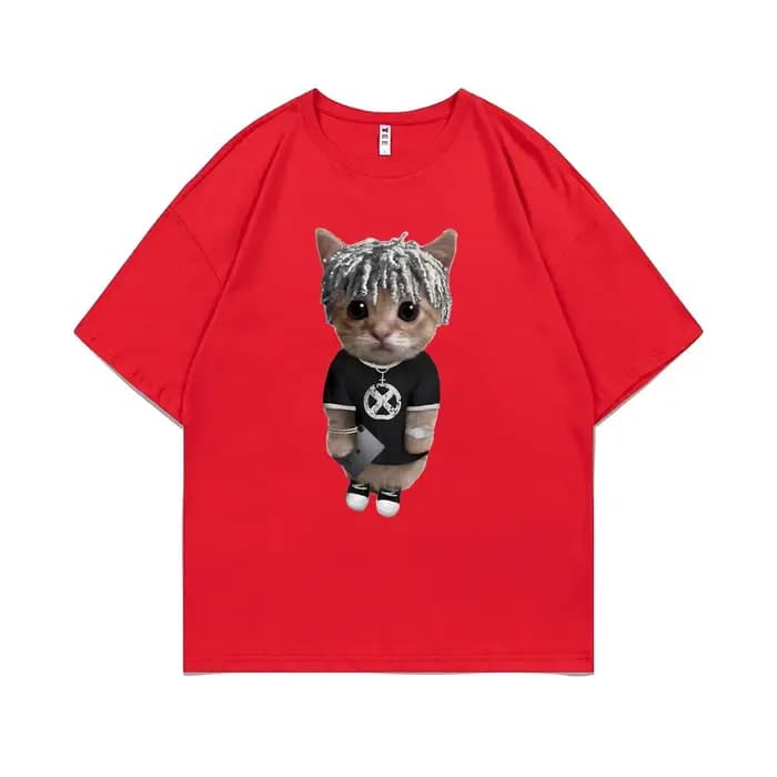 T-Shirt à Manches Courtes en Coton pour Homme, Rare Ken Carson Kitty Imprimé, Régulier, Hip Hop, Mod
