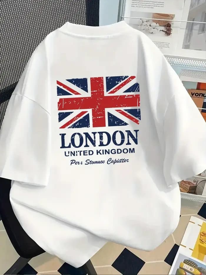 T-shirt élégant pour homme 100 % coton avec motif Union Jack vieilli et texte London