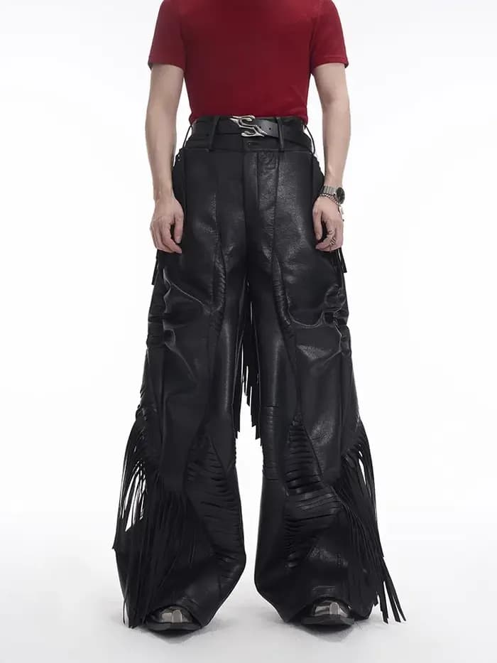 Mauroicardi printemps automne Cool longues franges noir Pu cuir pantalon pour hommes gland luxe conc
