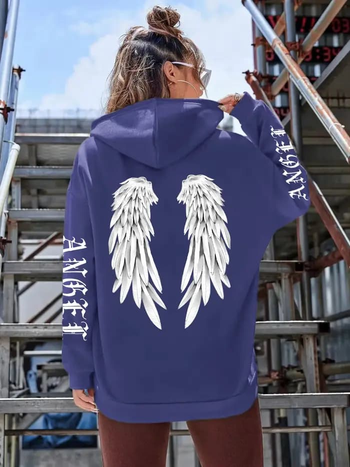 Sweat à capuche imprimé belles ailes d'ange pour femmes