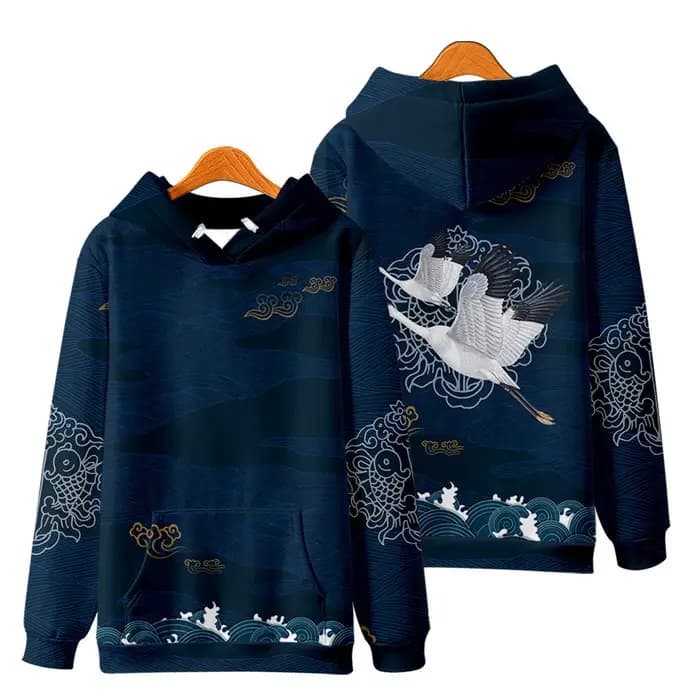 Sweat à capuche imprimé grue Harajuku pour hommes et femmes