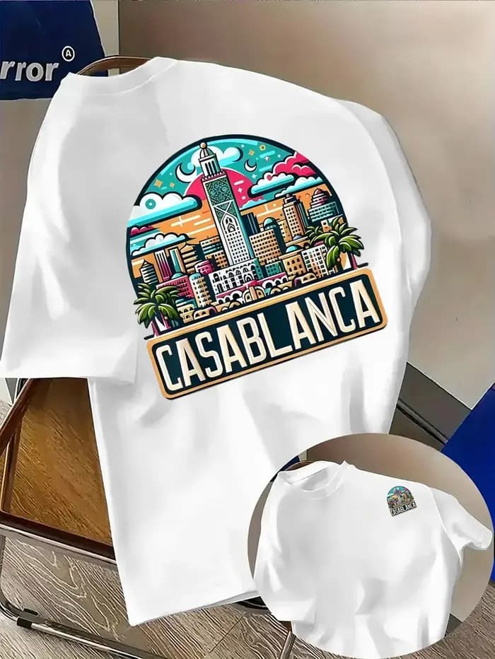 T-shirt en pur coton pour homme avec imprimé architecture urbaine marocaine et police Casablanca - T-shirt YTK sportif et décontracté pour femme