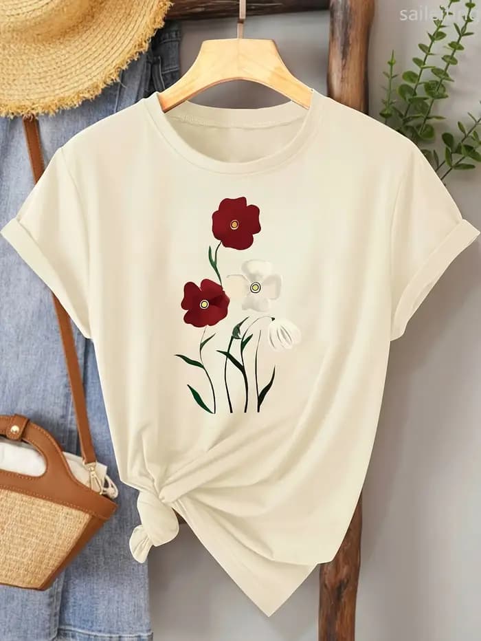 T-shirt à motif de roses rouges pour femmes