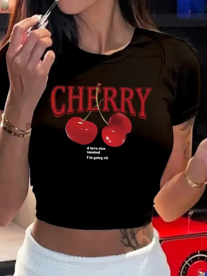 T-shirt col rond imprimé cerise Y2K