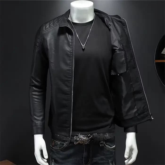 Veste de motard en cuir monochrome pour hommes