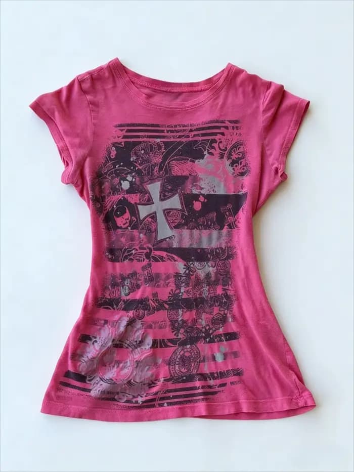 T-shirt rétro américain rose imprimé