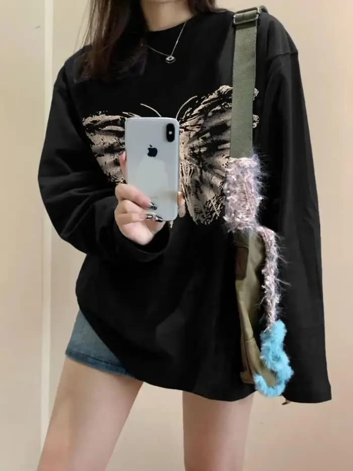 T-shirt ample à manches longues pour femmes, 100% coton, imprimé rétro, haut basique décontracté pour printemps et automne, mode, vêtements confortables et tendance