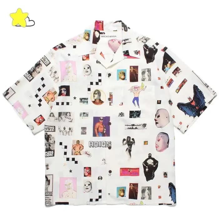 Noir rouge gris Wacko Maria chemises à manches courtes hommes femmes haute qualité classique caractère graphiques imprimer chemise hawaïenne t-shirt