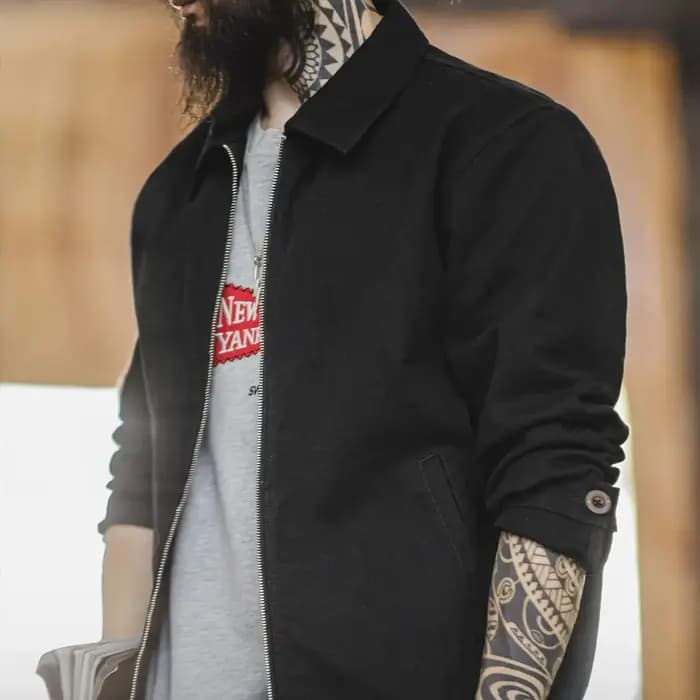 Maden Veste IKE vintage pour homme en coton noir épais avec fermeture éclair complète et col de manteau décontracté pour l'extérieur pour le printemps et l'automne