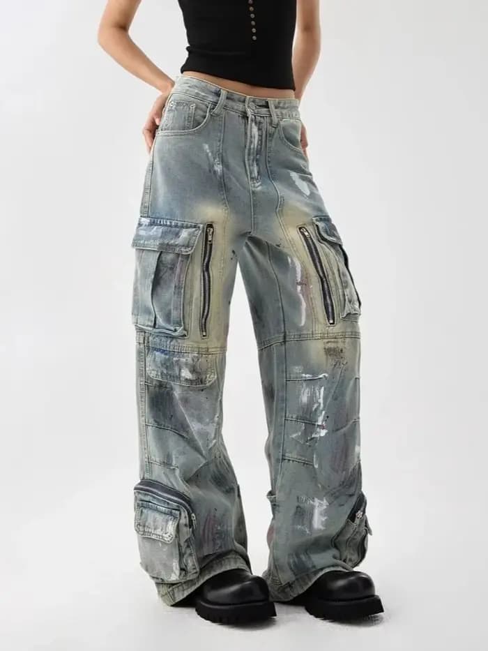 Trashy Y2K 2000S en détresse bleu peinture Splash Baggy Cargo jean pantalon pour femmes 90S Vintage vêtements fermeture