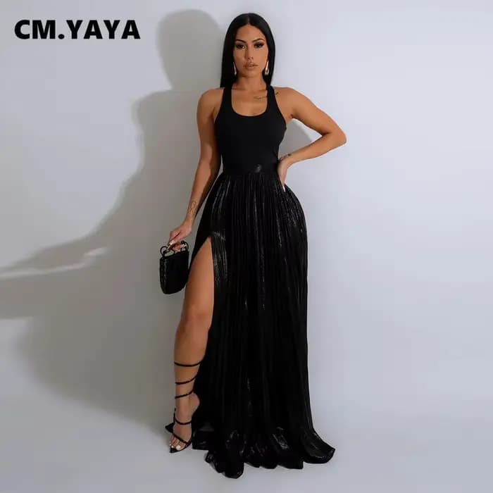 CM.YAYA-Jupe longue plissée avec fente latérale haute pour femme