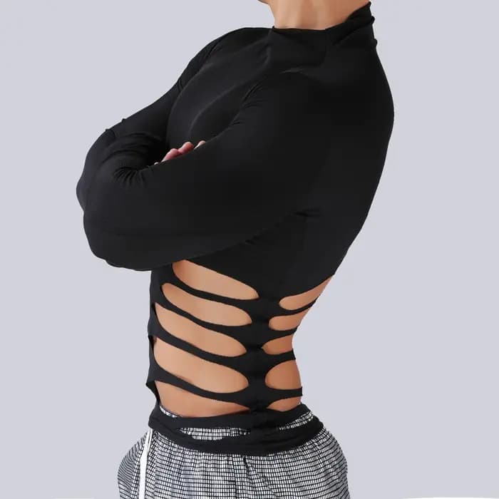 T-shirt Homme Mode Automne Noir à Manches Longues Évidé Col Semi-Montant Coupe Slim Décontracté Streetwear Y2k