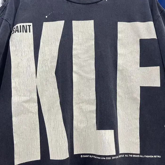 T-shirts Saint en Coton de Haute Qualité, Style Rétro Américain Streetwear, Effet Délavé et Imprimé Craquelé, Col Rond, Manches Courtes KLF pour Hommes et Femmes
