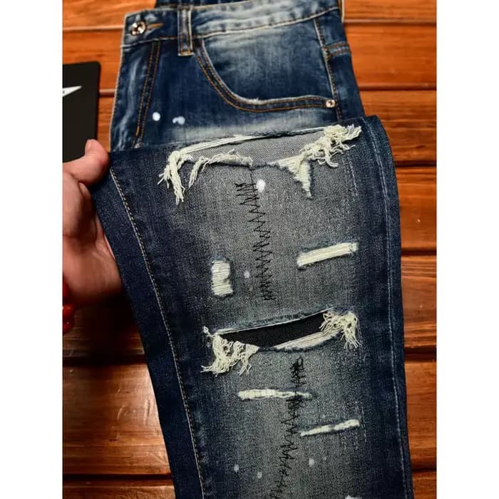 Jean nostalgique haut de gamme pour hommes, coupe slim avec petits trous, patchs grattés, tendance d
