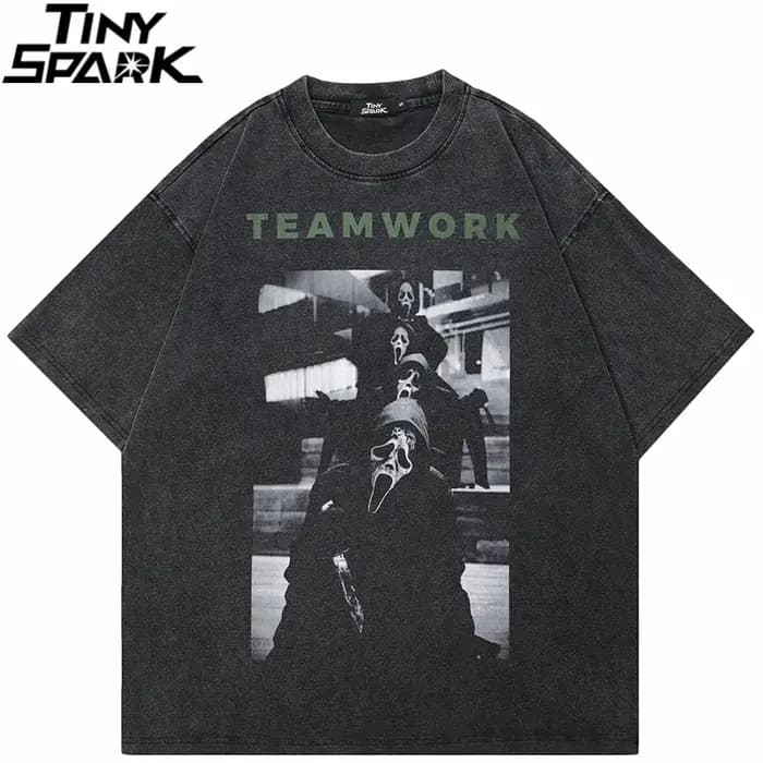 HipHop 2025 rétro Vintage lavé noir T-Shirt Streetwear graphique travail d'équipe crâne fantôme T-Shirt coton hommes T-Shirt unisexe hauts T-Shirt