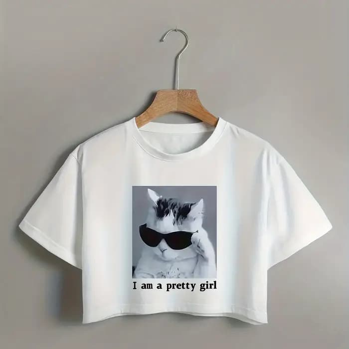 Cool chat & lettre impression T-Shirt court décontracté col rond manches courtes