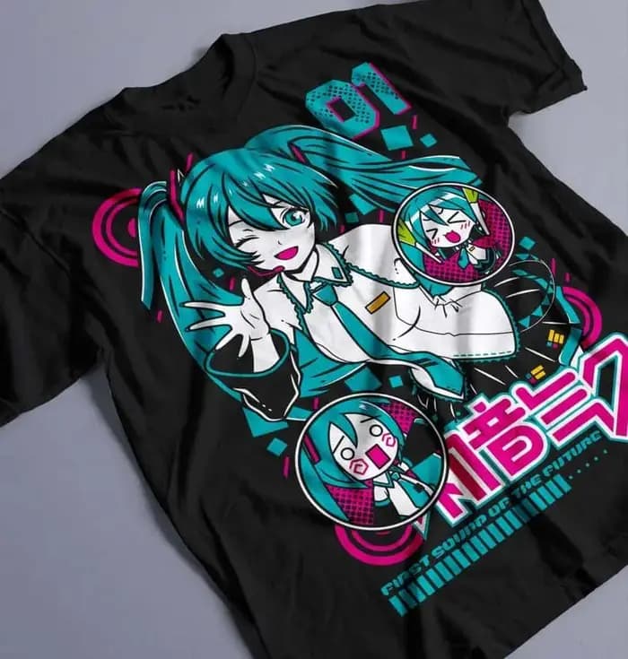 Nouveau style été 2026 # Hatsune Miku # T-shirt en coton ample de style cyberpunk, motif dessin
