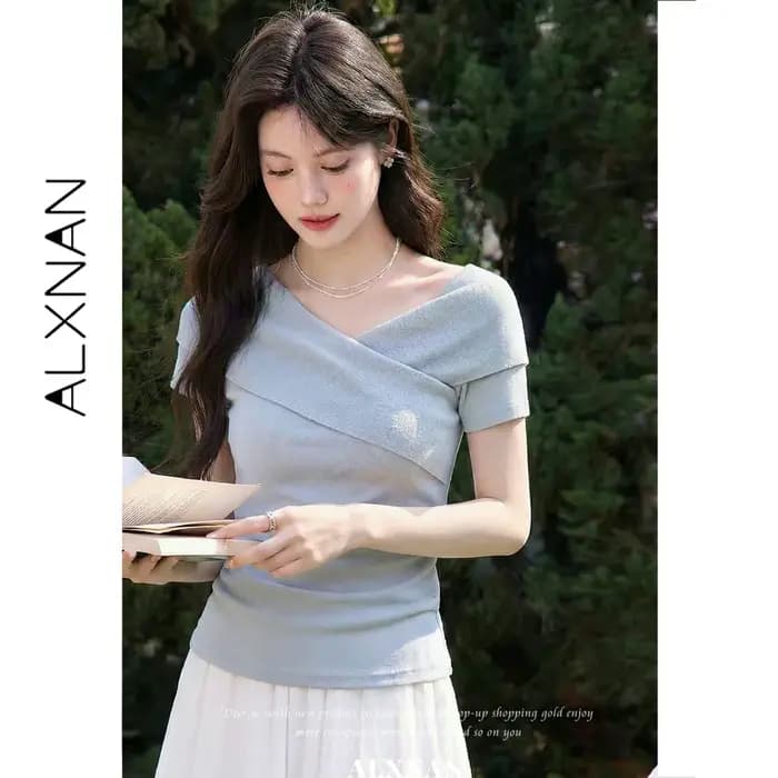 ALXNAN T-shirts noirs 2026 – Nouveauté été – T-shirt en maille à col en V croisé et manches courtes pour femme – Élégant