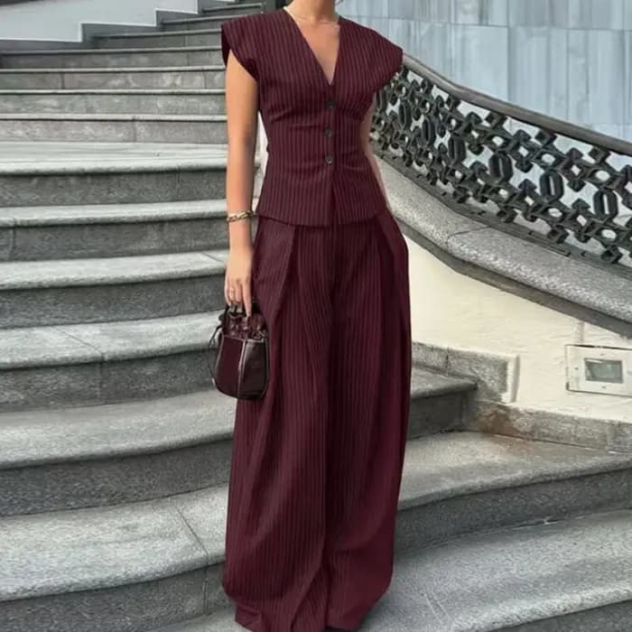 Ensemble deux pièces vintage streetwear pour femme, sans manches, col en V, pantalon large, tenue de ville, rayures verticales, costume boutonné