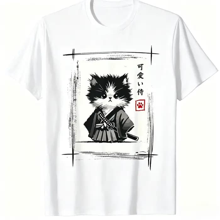 T-shirt imprimé Kawaii Chat Samouraï Art à l'encre japonaise