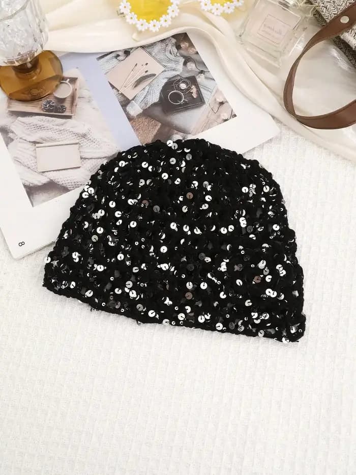 1 pièce : Bonnet en tricot ajouré à sequins style bohème