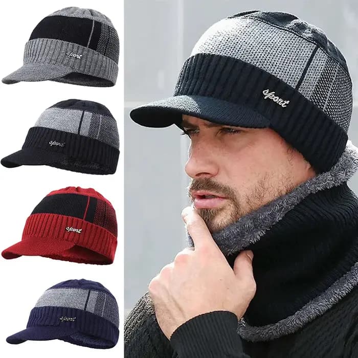 Nouvelle casquette d'hiver en coton avec visière, bonnet tricoté épais, casquette d'hiver pour homme, bonnets d'extérieur, bonnet tricoté avec motif graphique pour homme