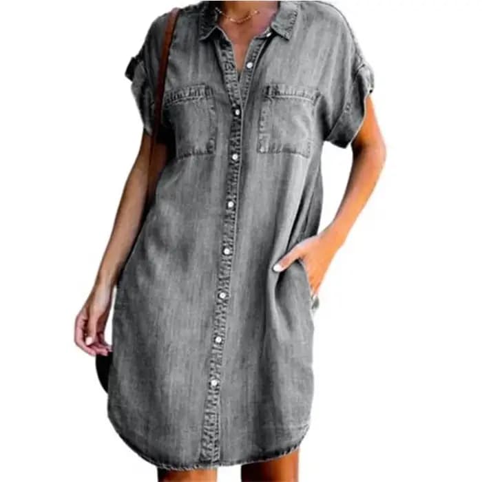 Femmes Denim chemise robes à manches courtes en détresse Jean robe boutonnée décontracté mode tunique haut