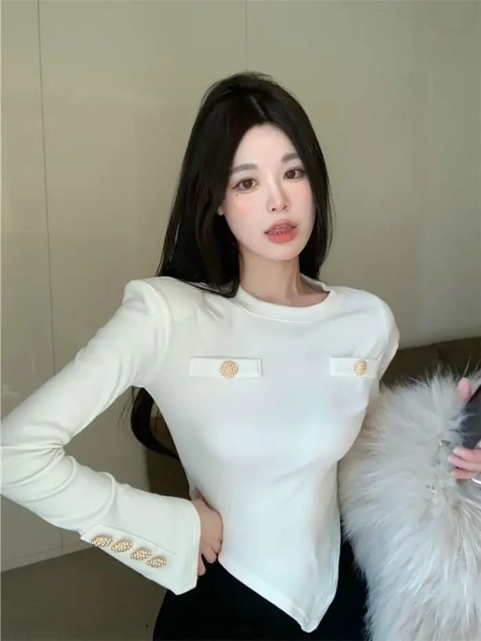 T-shirt blanc asymétrique à manches longues pour femmes