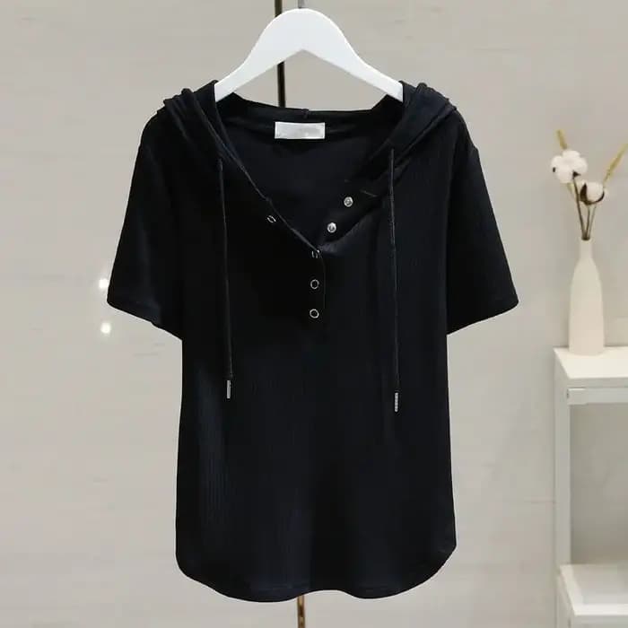 T-shirt blanc à capuche avec cordon de serrage pour femmes, manches courtes, nouvelle mode, ample, S