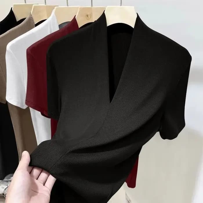 Nouveau T-shirt côtelé à manches courtes pour femme, mode estivale, polyvalent, col en V, coupe ajustée, grande taille, décontracté et sexy
