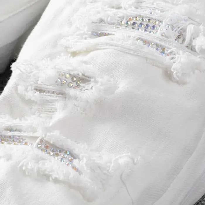 Sokotoo hommes trous de cristal blanc déchiré jean mode mince maigre strass Stretch Denim pantalon
