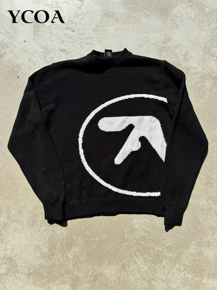 Pull homme Y2K Aphex double tricot surdimensionné pull gothique hiver graphique Streetwear à manches
