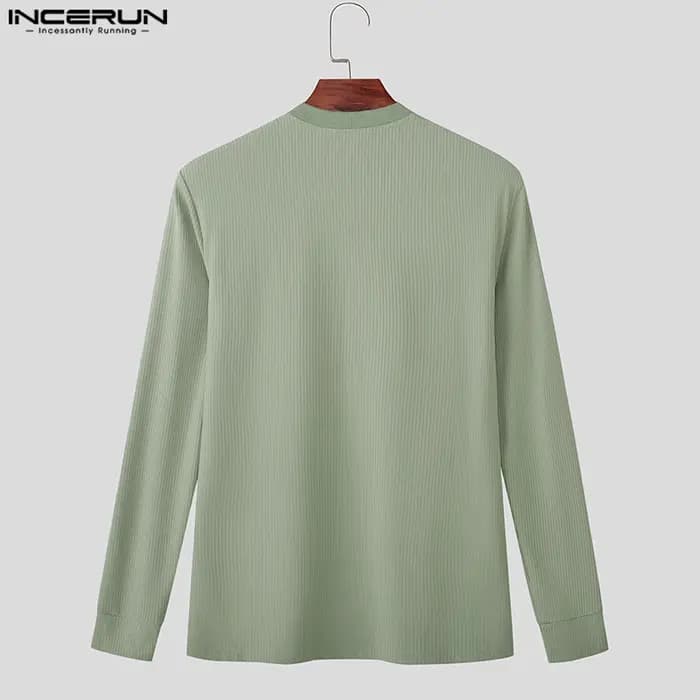 INCERUN hommes t-shirt couleur unie col en V à manches longues tricoté Streetwear mâle