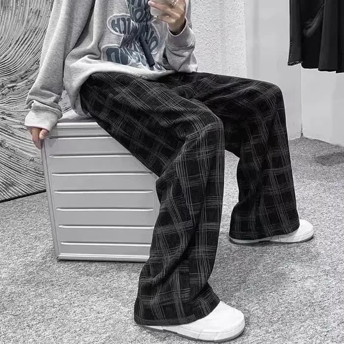 Printemps été velours côtelé Vintage Plaid pantalon hommes Streetwear jambe large Baggy pantalon Har