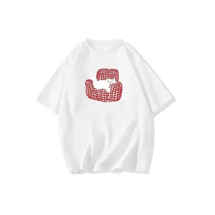 Chat sur le canapé imprimé femmes T-shirt col rond hauts américain Y2k vêtements de rue femmes haut