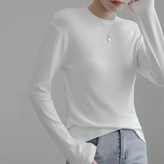 T-shirt à manches longues en coton blanc pour femme, vêtement de couleur pure, sans doublure