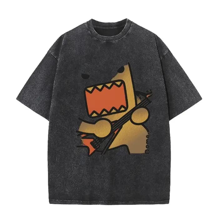 T-shirt décontracté marron délavé vintage avec imprimé graphique guitare rock Domo